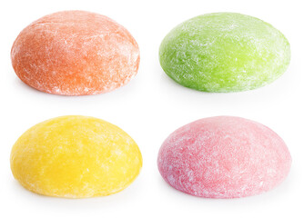 Four flavors of mochi ice cream isolated on a white background. Collection with clipping path.