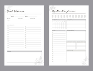 Goal Planner and Month Planner. (flora) Minimalist planner template set. Vector illustration.	 