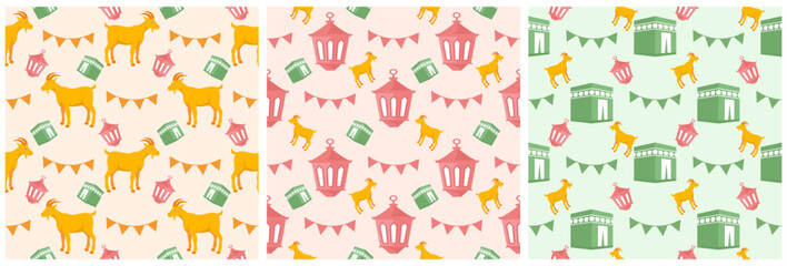 Set of Happy Eid Al Adha Mubarak Seamless Pattern of Muslims Celebration with Sacrificial Animals in Template Hand Drawn Cartoon Flat Illustration