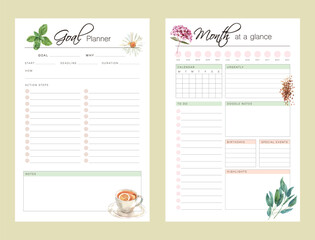 Goal Planner and Month Planner. (flora) Minimalist planner template set. Vector illustration.	 