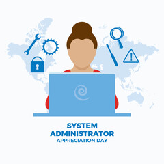 System Administrator Appreciation Day vector illustration. Female admin using laptop icon vector. Working woman system administrator design element. Programming symbol icon set. Important day