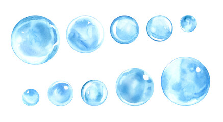 Set of light blue bubbles. Hand drawn by watercolor. Round transparent ball. For decoration ,design, soap, shampoo, cosmetics, postcards, packaging, design. Isolated on white background.	