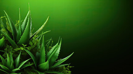 Fototapeta premium Aloe Vera closeup. Aloevera plant, natural organic renewal cosmetics, alternative medicine. Aloe Vera leaf close-up. Skin care concept, moisturizing. On green background. Generative AI
