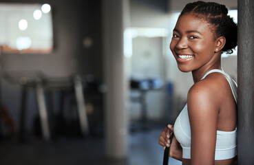 Break, portrait or happy black woman at gym for a workout, exercise or training for healthy body or...