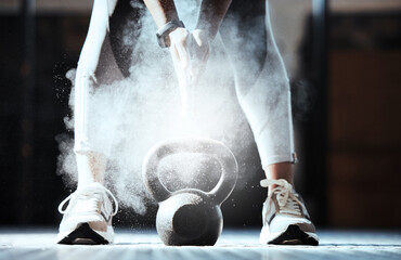 Fitness, hands and powder at kettlebell in gym for workout, exercise and sports training. Closeup,...