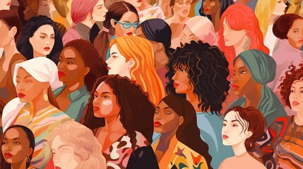 Vector illustration of a diverse group of beautiful women with natural beauty and glowing smooth skin, Generative AI