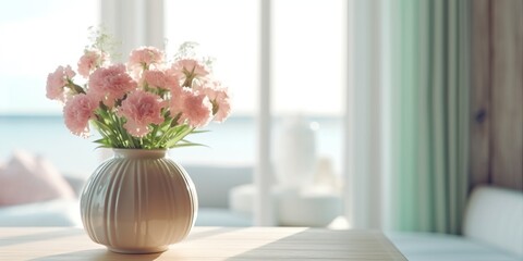 Beautiful vase of carnation flowers on the table with light exposure