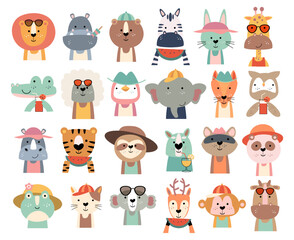 Set of wildlife animals with summer costume . Vector illustration .