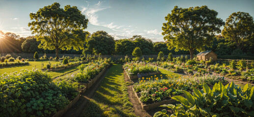 Cultivating an Idyllic Organic Vegetable Garden in a Lush and Fertile Landscape.