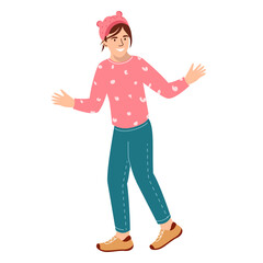 Happy little girl rejoice with raised arms. Cheerful baby character playing fun. Teenager good mood laughing. Flat vector illustration isolated on white background