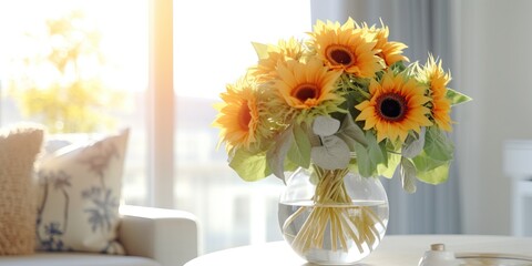 Beautiful vase of sunflowers on the table with light exposure