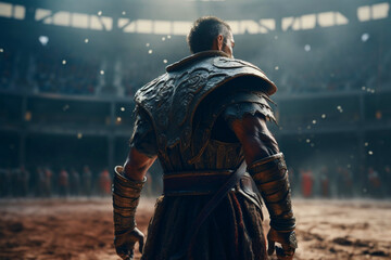 Fototapeta na wymiar Ancient Roman gladiator enters the arena for fighting, against the background of an anticipated battle by the crowd, realistic art generated ai, rear view