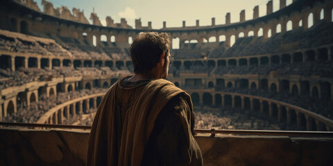 Roman emperor in the Colosseum waiting for battle, rear view, generated ai
