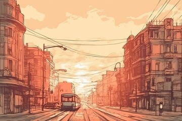Fototapeta na wymiar empty city streets on the sunrise, architecture, sketch style Generative AI