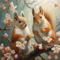 squirrels in flower branches Generative Ai
