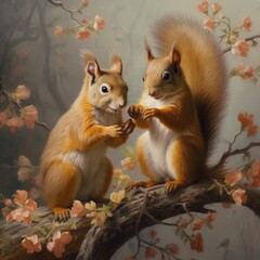 squirrels in flower branches Generative Ai