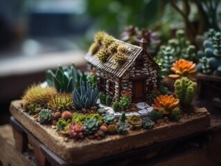 Fototapeta na wymiar Fantasy Miniature home flowers succulents and cactus in the garden Created with Generative AI technology