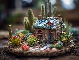 Fantasy Miniature home flowers succulents and cactus in the garden Created with Generative AI technology