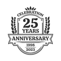 25 years anniversary icon or logo. Vintage birthday banner design. 25th anniversary yubilee celebration badge or label. Vector illustration.