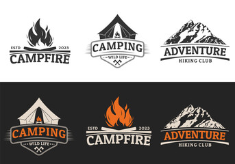 Camping, adventure, outdoor logo, label or badge set. Camp or tourist tent, mountains and campfire. Vintage typography design. Vector illustration.