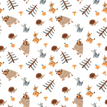 Seamless pattern with forest animals. Design for fabric, textile, wallpaper, packaging.	