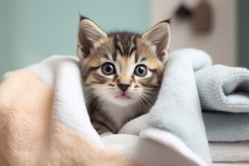 cute kitten is in the towel fold