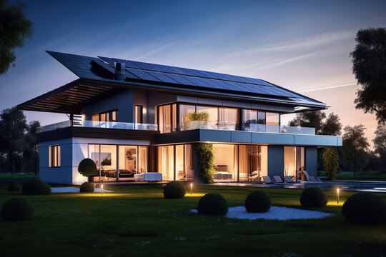 Image of a luxury family home with solar panels on the roof and its backyard at dusk.