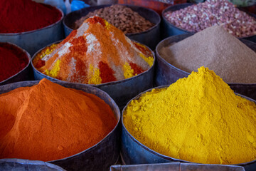 spices in the souks morocco north africa country cities and deserts and atlas mountains islamic...