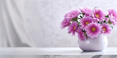 Beautiful vase of gerbera daisy flowers on the table with light exposure