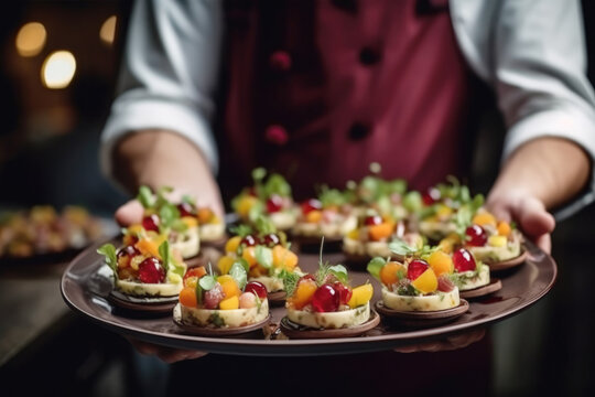 Waiter carrying a plate with delicious vegetarian food on some festive event, party or wedding reception