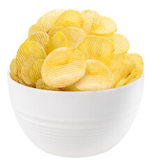Crispy Potato chips on white blow background, Fried Potato chips on white Png file.