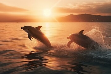 Fototapeta premium dolphins jumping from the sea on the sunrise Generative AI