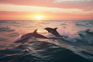 Fototapeta premium dolphins jumping from the sea on the pink violet sunrise Generative AI