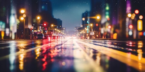 Fototapeta na wymiar Bokeh street lights at night, blurry city traffic colors background