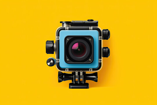 Action camera in waterproof case on yellow background Generative AI