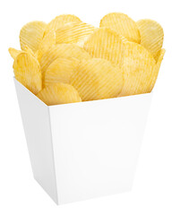 Potato chips in paper bucket on white background, Fried Potato chips on white PNG  file.