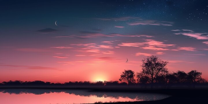 Clear twilight sunset sky with crescent moon background.