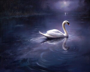 swan gracefully gliding across a moonlit lake. combination of deep blues, purples, and silver tones to evoke a sense of enchantment and magic
