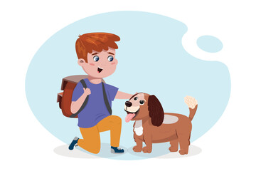 Flat cartoon illustration with a school boy stroking the dog. Home, school, childhood, love, care, friendship, having a pet concept illustration. 