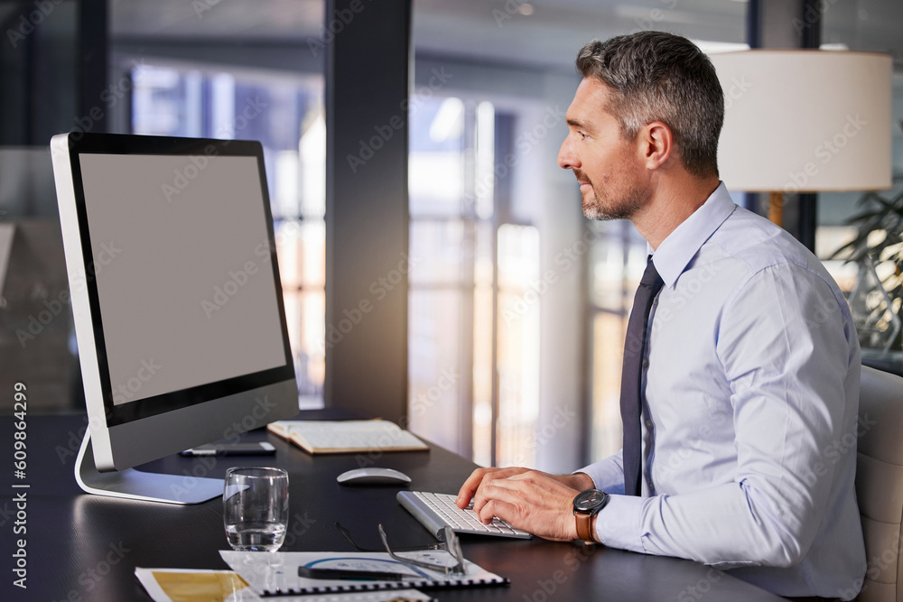 Aufkleber computer, email and report with a business man typing while sitting at a desk in his office at work.