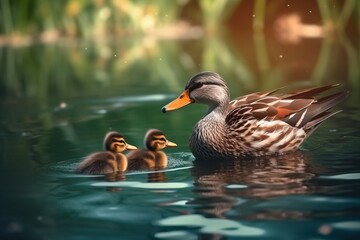 Obraz premium Portrait mallard ducks with their chicks on the water with light exposure AI Generative