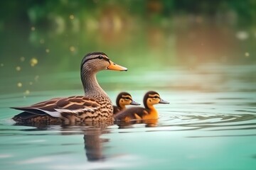 Portrait mallard ducks with their chicks on the water AI Generative
