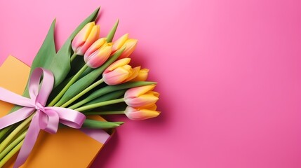 bouquet of beautiful tulips on a one color background with a space for copy - generative ai