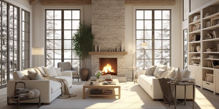 Interior of a farmhouse living room with fireplace. Light modern interior design.