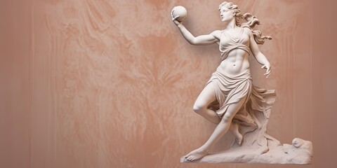 Marble statue of an ancient Greek goddess doing sports on pastel background. Tennis player sculpture - obrazy, fototapety, plakaty
