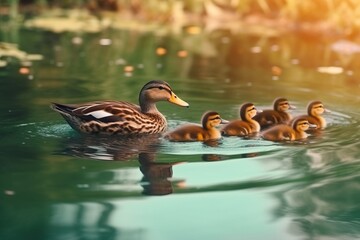 Portrait mallard ducks with their chicks on the water with light exposure AI Generative
