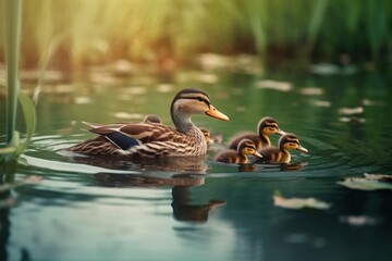 Obraz premium Portrait mallard ducks with their chicks on the water with light exposure AI Generative