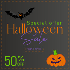 Halloween sale banner. Holiday design with scary pumpkin and flying bat. Vector illustration