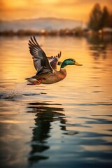 Portrait mallard duck flying over the water AI Generative
