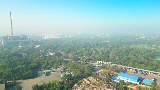 Delhi: Aerial view of capital city of India in spring - landscape panorama of South Asia from above